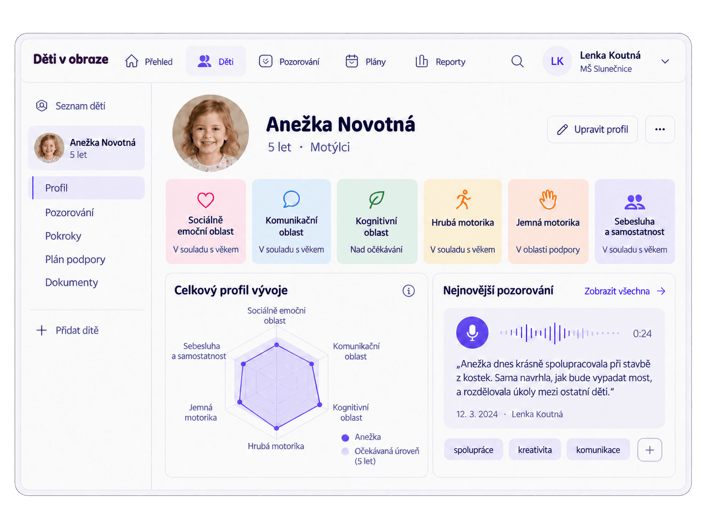 Ilustrační portfolio Anežky Novotné s oblastmi vývoje, přehledem pozorování a hlasovou poznámkou.